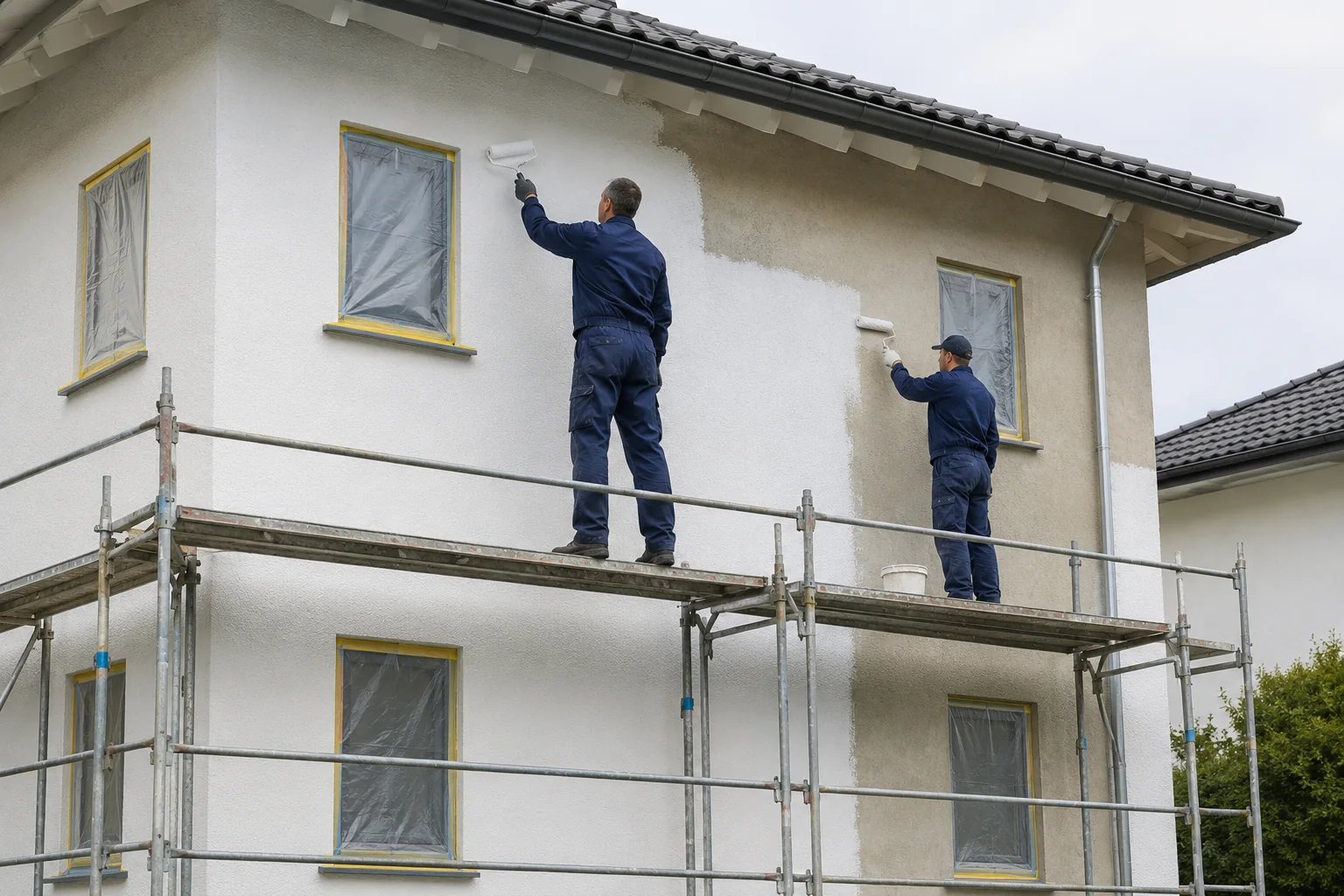 KI-generiertes Symbolbild: Fassadenarbeiten an einem Wohnhaus mit professionellem Gerüst