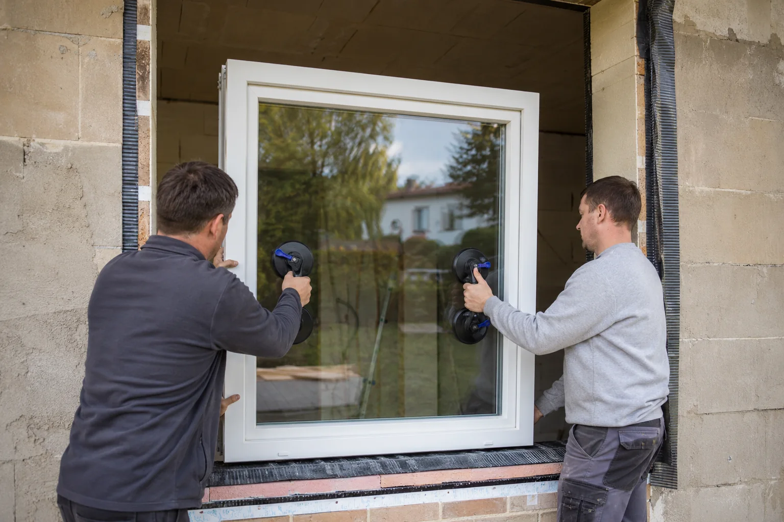 KI-generiertes Symbolbild: Montage eines modernen Fensters in einer vorbereiteten Maueröffnung